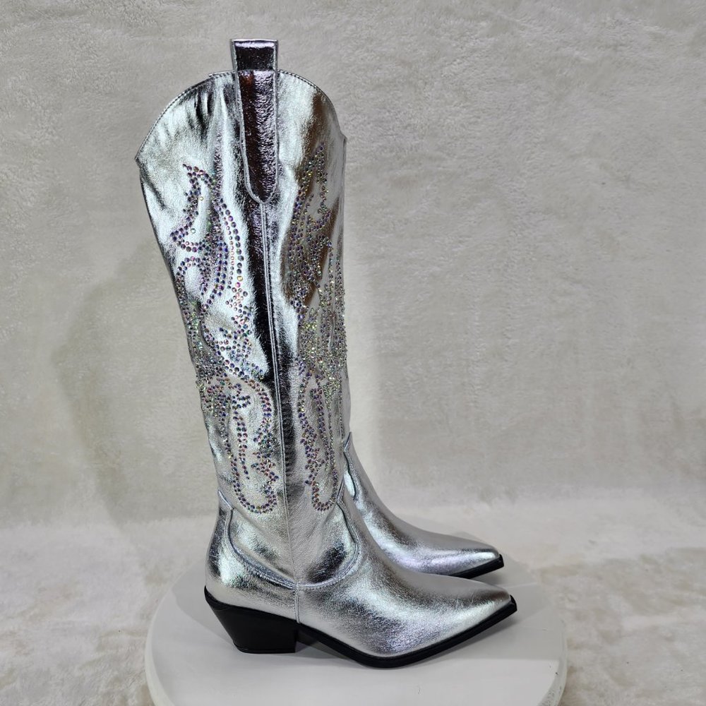 Silver Metallic  Festive Rhinestone  Pointy Toe Boots With 2.5 Inch Heel
